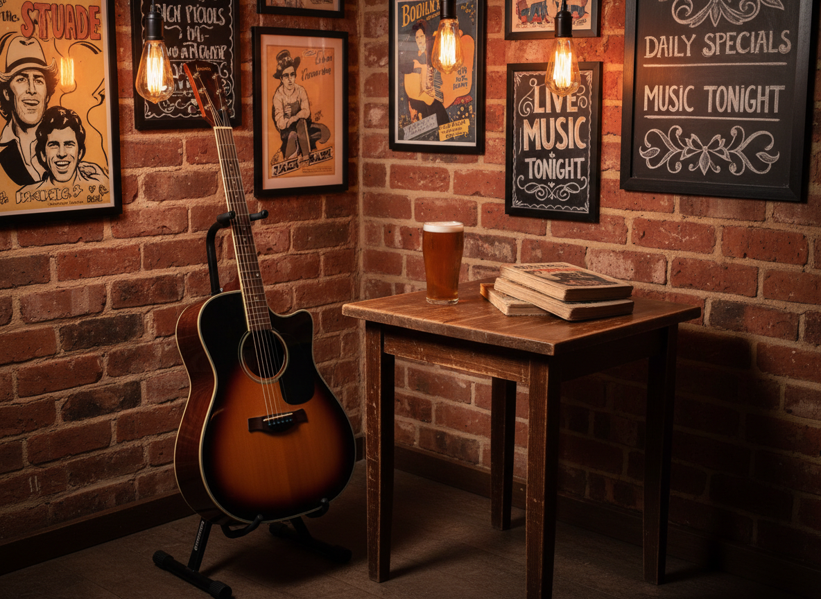 A cozy pub performance nook featuring an acoustic guitar resting on a stand beside a small, slightly scuffed wooden table with a half-finished pint glass and a stack of worn songbooks. On the wall behind, framed vintage music posters and chalkboard-style menu art create a casual, character-filled backdrop. Warm pendant lights overhead cast a soft amber glow, producing gentle reflections on the guitar’s lacquered surface and subtle shadows across the brick wall. Shot from a three-quarter angle with moderate depth of field, the guitar and table are crisp while the background softens. The photographic realism and warm, lived-in textures suggest folk, rock, and pub classics in an inviting community pub setting.