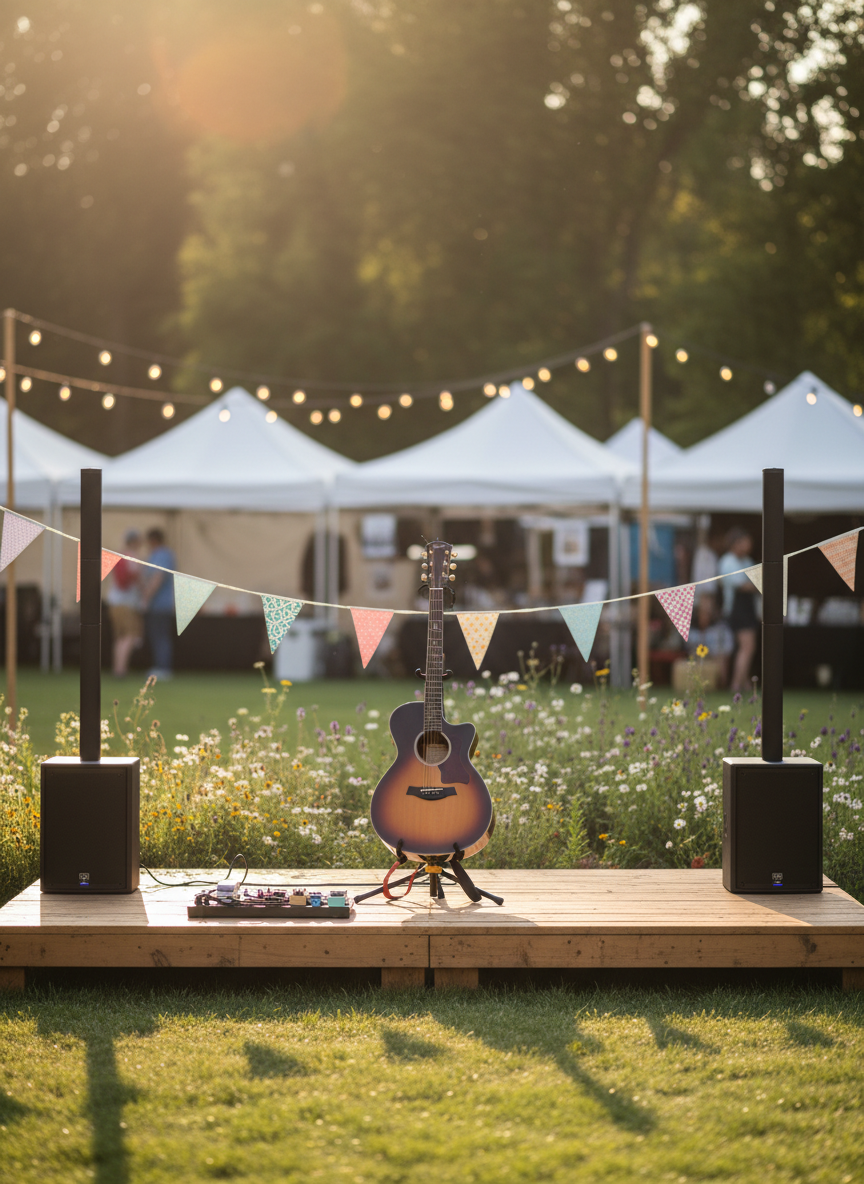 A compact outdoor community event stage in a South Okanagan park, with a single acoustic guitar on a stand centered between two slender speakers and a simple pedalboard on the ground. Behind the stage, blurred tents, string lights, and colorful bunting hint at a bustling local gathering without showing any people. Soft late-afternoon sunlight bathes the scene, with gentle lens flare at the top edge of the frame and long, subtle shadows stretching offstage. Captured from a slightly low, wide-angle perspective to emphasize the performance space, the photographic realism highlights the clean, professional setup while maintaining a relaxed, welcoming atmosphere suited for community gatherings and local festivals.