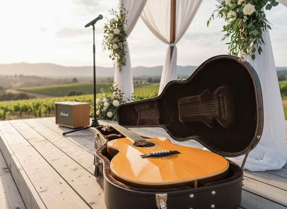 A polished acoustic guitar lying open in a premium hard case on a neatly set outdoor wedding ceremony platform, with the guitar’s warm natural wood tones contrasting against crisp white drapery and soft greenery in the background. Nearby, a compact wooden speaker and simple microphone stand complete the solo acoustic performance arrangement. The setting overlooks gently rolling South Okanagan hills and vineyards under a soft, diffused golden hour sky. Natural light creates subtle highlights along the guitar’s curves and delicate reflections on its tuning pegs. Captured at a low angle along the length of the guitar for a cinematic perspective, the photographic realism conveys a romantic, professional, and serene atmosphere perfect for wedding music promotion.