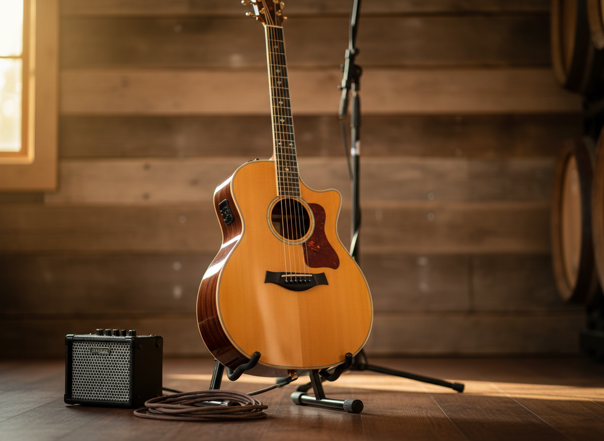 A finely crafted acoustic guitar with a warm honey-colored spruce top and rich mahogany sides resting upright on a simple black stand in front of a rustic wooden backdrop. A coiled instrument cable lies neatly at its base beside a compact amplifier and a subtle microphone stand silhouette, hinting at a live performance setup. Soft golden hour sunlight filters through an unseen winery window, catching the guitar’s glossy finish and casting gentle, elongated shadows. Shot at eye level with a shallow depth of field so the guitar is in crisp focus and the background fades into a soft bokeh, the photographic realism creates a calm, professional, and inviting mood suitable for a music services homepage hero image.