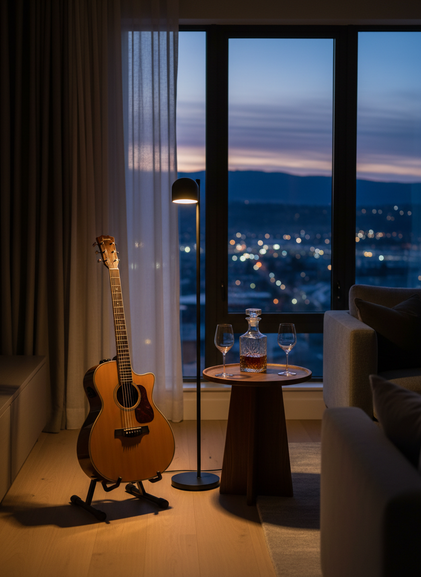 An elegant indoor private event setup in a modern living space, with an acoustic guitar resting on a stand beside a minimalist floor lamp and a small table holding a decanter and two glasses. In the background, large windows reveal a twilight South Okanagan cityscape and distant hills, while sheer curtains soften the view. The lamp casts a warm, directional pool of light over the guitar, creating refined highlights and controlled shadows, while the rest of the room remains gently dimmed. Captured from an eye-level, slightly off-center composition with moderate depth of field, the photographic realism and clean lines convey a sophisticated yet relaxed atmosphere ideal for upscale private gatherings.