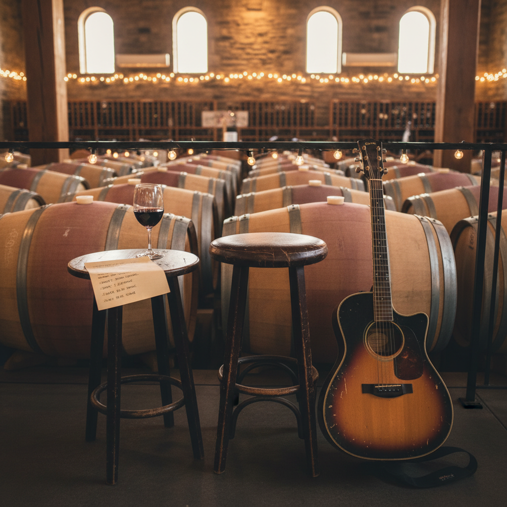 An intimate stage corner in a South Okanagan winery, featuring a single acoustic guitar leaning against a tall, well-worn stool beside a small wooden side table holding a glass of red wine and a handwritten setlist. Behind, rows of oak barrels and softly lit wine racks form a textured backdrop. Late-afternoon natural light streams through high windows, blending with warm Edison bulb string lights to create a cozy amber glow. Photographed from a slightly elevated angle with the guitar framed on the rule of thirds, the scene feels relaxed, authentic, and winery-friendly, with shallow depth of field softly blurring the distant barrels to emphasize the live acoustic performance setup.