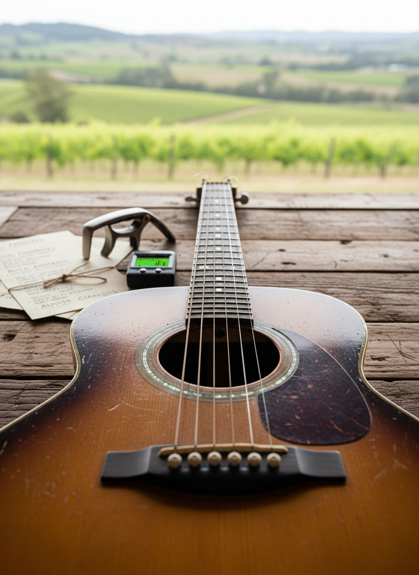 A close-up, detail-rich shot of an acoustic guitar’s soundhole and fretboard as it rests horizontally on a rustic wooden table, surrounded by a neatly arranged capo, tuner, and a small stack of handwritten setlists labeled with folk, rock, and Australian favorites. Natural window light from the side creates delicate highlights along the steel strings and faint shadows in the wood grain. The background features a softly blurred glimpse of a vineyard landscape through a nearby window. Photographed with a shallow depth of field and tight framing, the image feels intimate, artisanal, and focused on craftsmanship, perfect for conveying the authenticity and versatility of a professional acoustic musician.